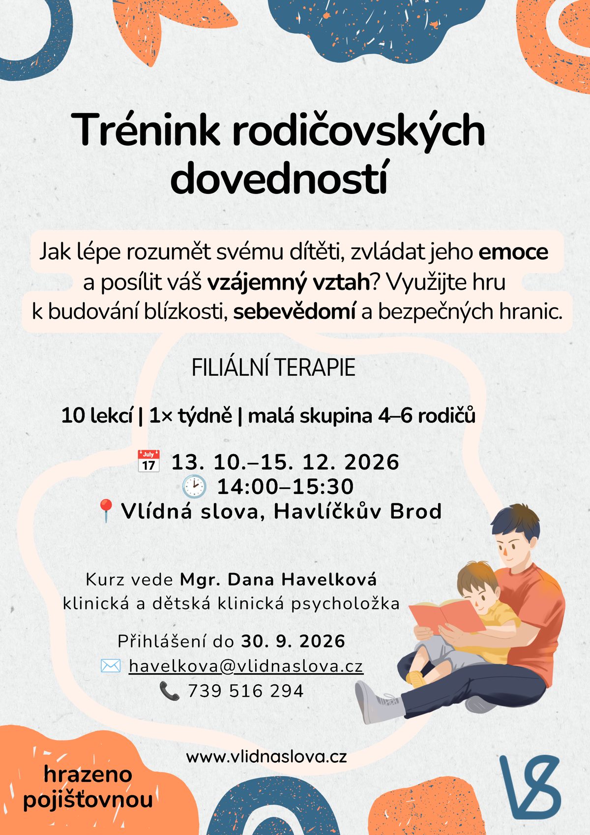 Leták kurzu Trénink rodičovských dovedností, filiální terapie ve Vlídných slovech,&nbsp;13.&nbsp;10.–15.&nbsp;12.&nbsp;2026